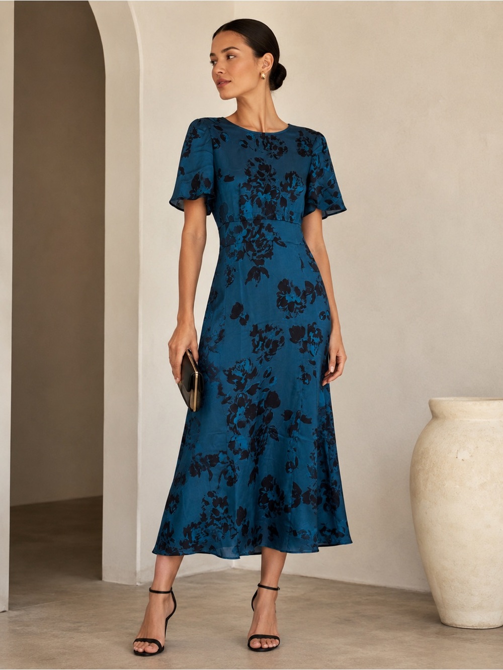 NEW | Sugarlips | Teal and Black Floral Satin Midi Dress - Size XL